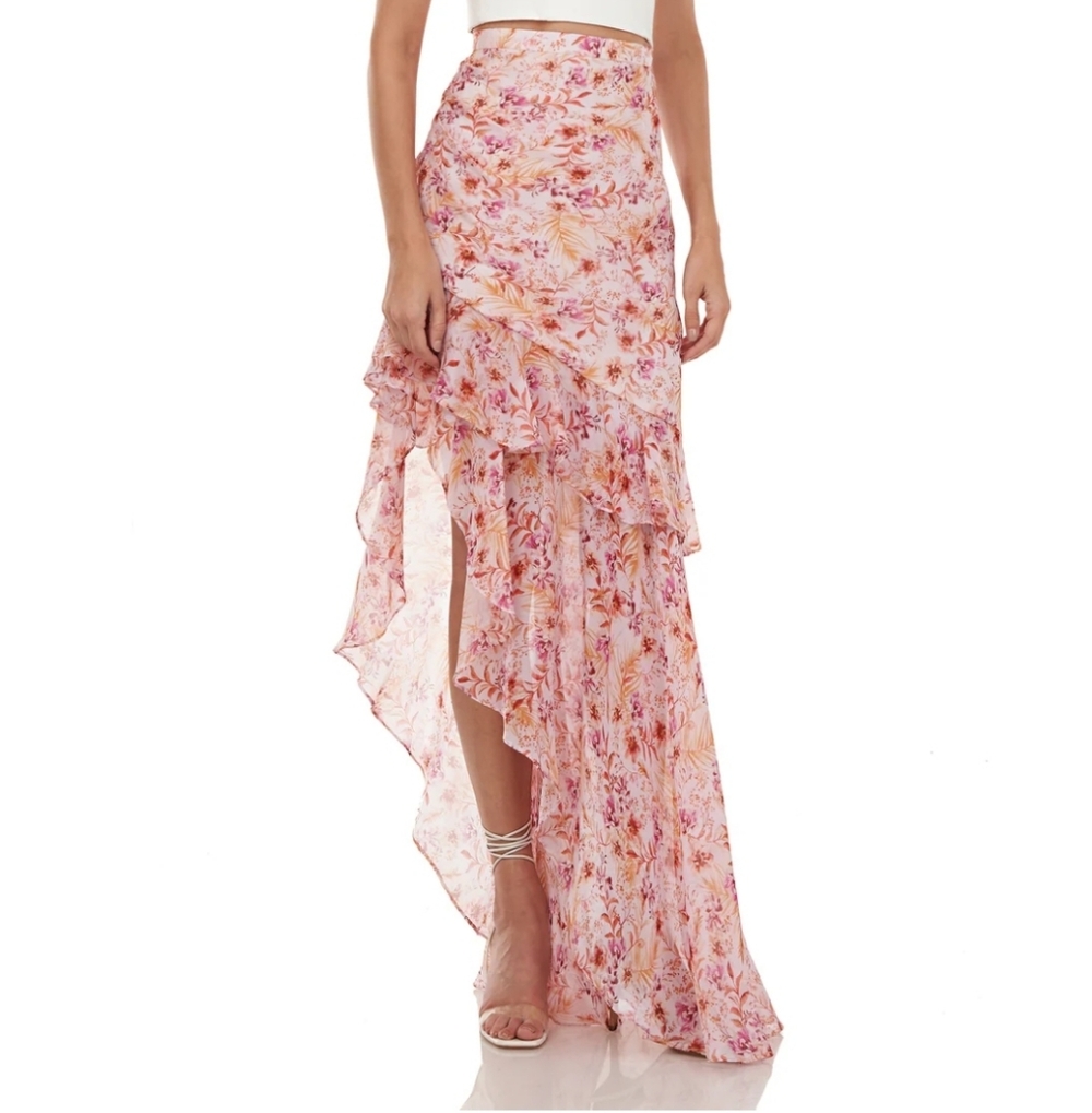 NWOT AMUR Emelia 100% Silk Romantic Floral Pink High-Low Flowy Maxi Skirt XS
